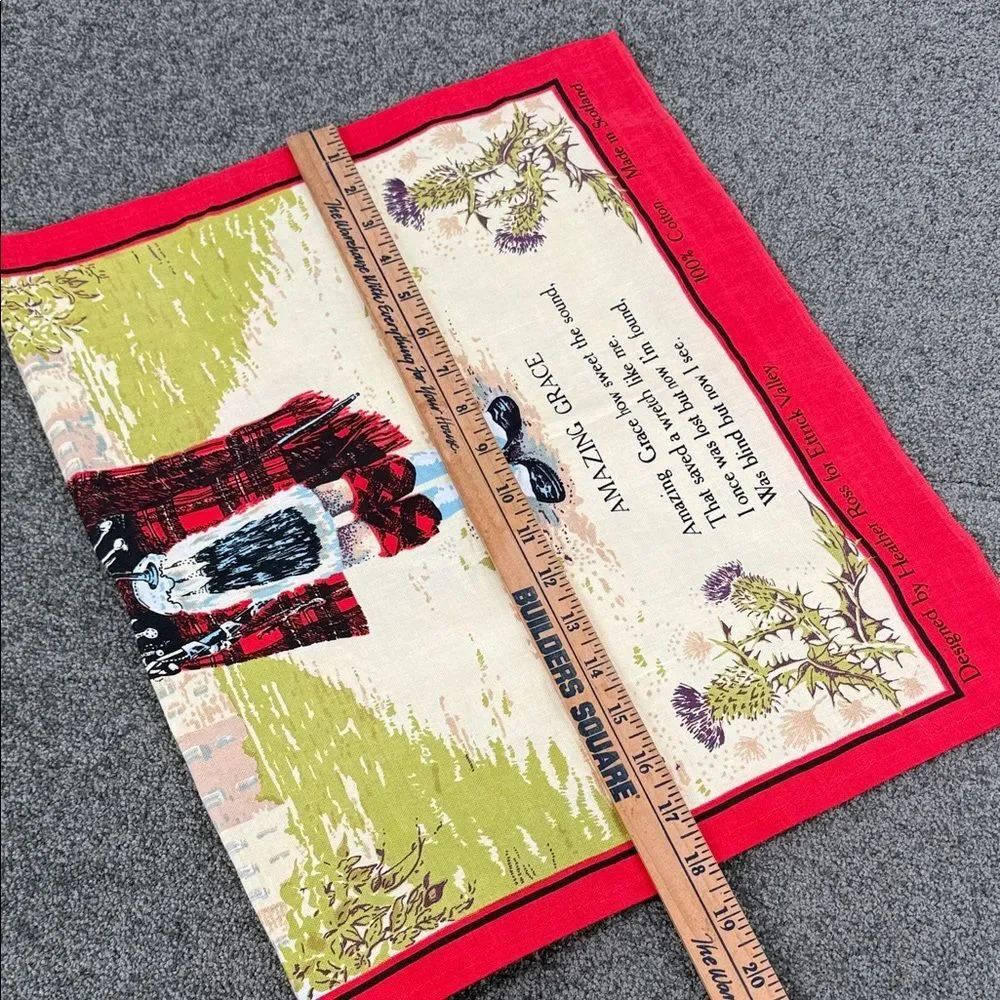 Scotland Tea Towel Wall Hanging Red Black Cotton Bagpipes Amazing Grace Kilt